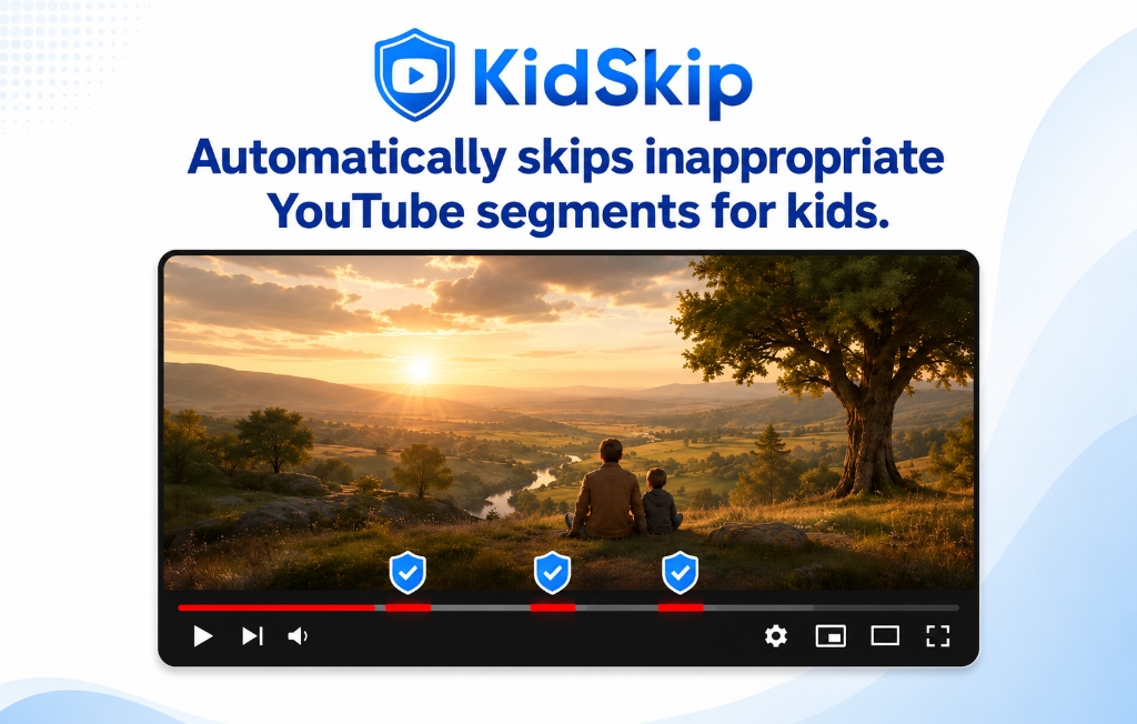 KidSkip - Automatically skips inappropriate YouTube segments for kids.