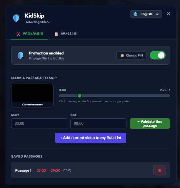 KidSkip extension parent PIN protection setup screen